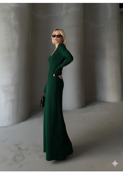 Ince Bel V Yaka Maxi Triko Elbise modelleri