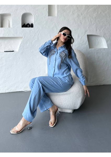 Işleme Detaylı Gömlek & Pantolon Keten Ikili Takım