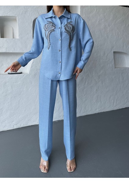 Işleme Detaylı Gömlek & Pantolon Keten Ikili Takım modelleri