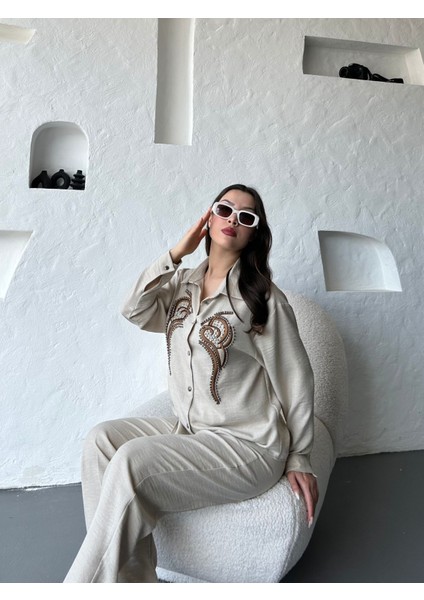 Işleme Detaylı Gömlek & Pantolon Keten Ikili Takım