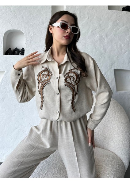 Işleme Detaylı Gömlek & Pantolon Keten Ikili Takım fırsatları