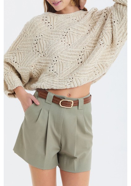 Pensli Kemerli Kışlık Şort Çağla indirimleri