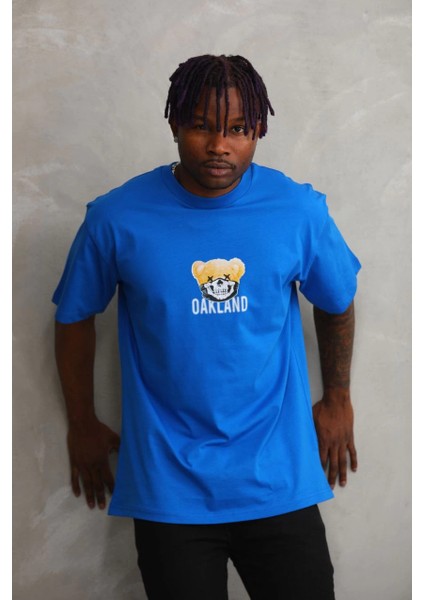 Unisex Baskılı Oversize T-Shirt - Mavi -Vlmr