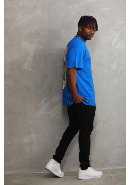 Unisex Baskılı Oversize T-Shirt - Mavi -Vlmr modelleri