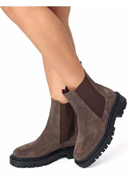 Vizon Hakiki Süet Deri Lastikli Chelsea Kadın Bot