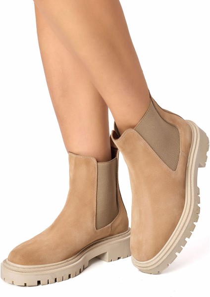 Koyu Bej Hakiki Süet Deri Lastikli Chelsea Kadın Bot