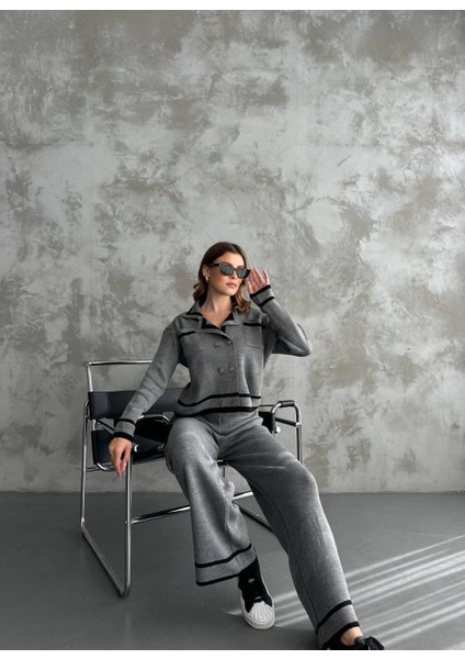 Şerit Detaylı Hırka Pantolon Ikili Takım