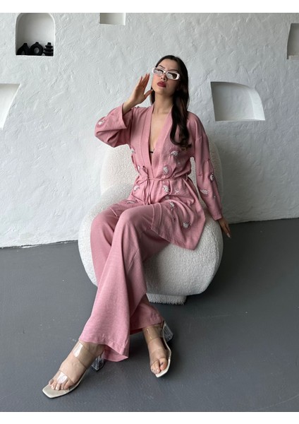 Nakış Işlemeli Kimono & Pantolon Ikili Takım