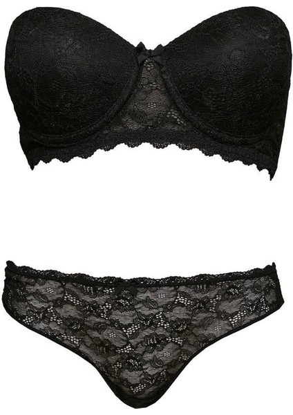 Kadın Siyah 4642 Balenli Desteksiz Straplez Sütyen Külot - Iç Çamaşır Takımı