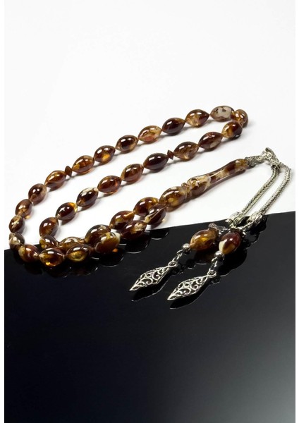 Çift Püsküllü Ebruli Kahverengi Toz Kehribar Tesbih fiyatları