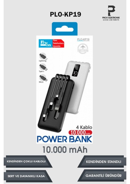 Powerbank 10.000 Mah Kendinden Kablolu ve Telefon Standlı Şarj Göstergeli 12W