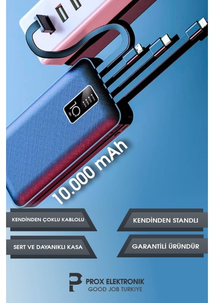 Powerbank 10.000 Mah Kendinden Kablolu ve Telefon Standlı Şarj Göstergeli 12W modelleri
