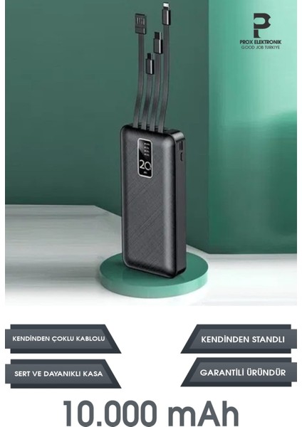 Powerbank 10.000 Mah Kendinden Kablolu ve Telefon Standlı Şarj Göstergeli 12W indirimleri