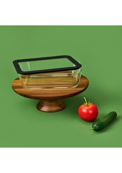 Silikon Kenarlı Cam Kapaklı Saklama Kabı - Siyah / Şeffaf - 1,4 Lt