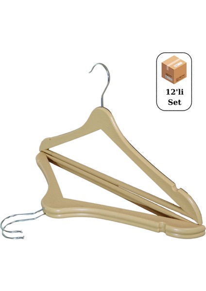 12 Adet Ahşap Görünümlü Askı, Plastik Askı, Elbise Askısı, Kıyafet Askısı, Kancalı Askı