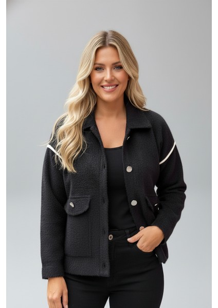 Kadın Polo Yaka Düğmeli Angora Siyah Hırka | Cepli – Biye Detaylı