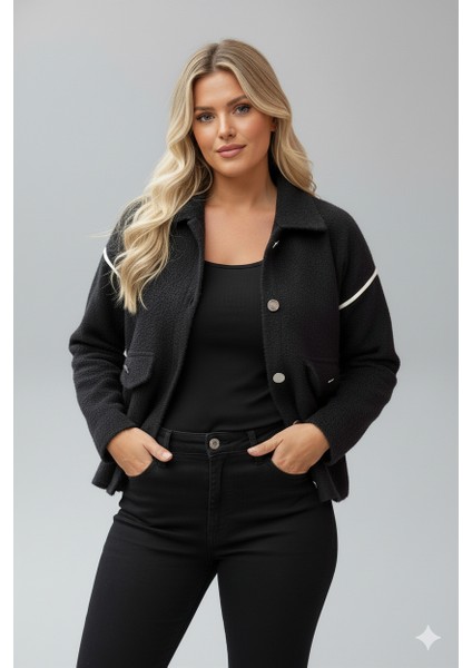 Kadın Polo Yaka Düğmeli Angora Siyah Hırka | Cepli – Biye Detaylı modelleri