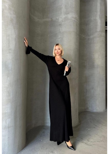 Ince Bel V Yaka Maxi Triko Elbise modelleri