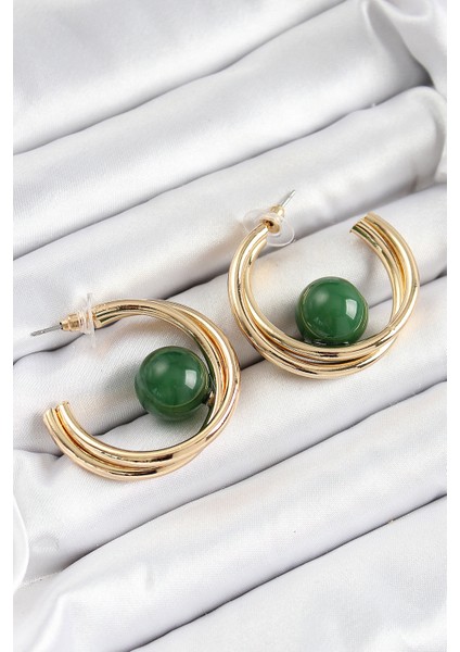 Pirinç Gold Renk Halka Model Yeşil Boncuk Detay Kadın Küpe