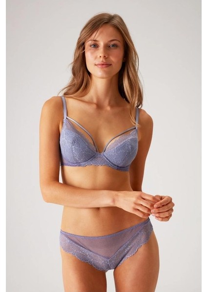 Bordo 4822 Balenli ve Pedli Ip Detaylı Dantelli Transparan Comfy Sütyen ve Külot/iç Çamaşır Takım