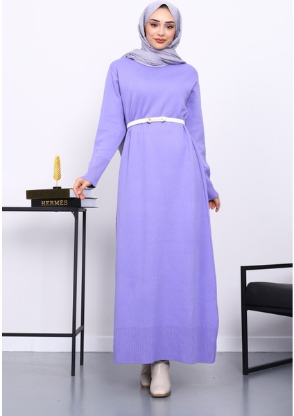 Lila Bisiklet Yaka Triko Elbise