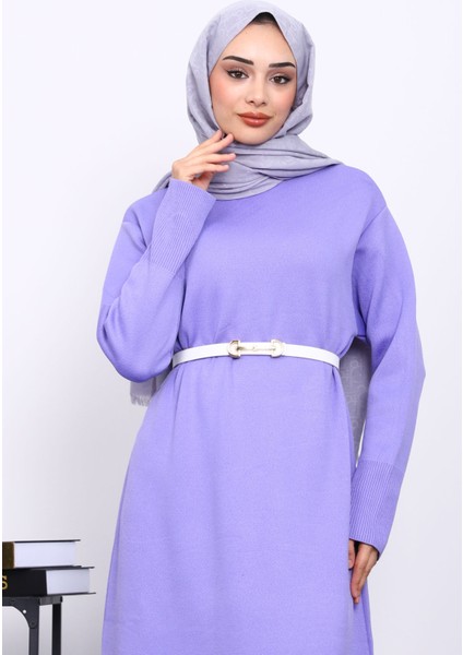 Lila Bisiklet Yaka Triko Elbise modelleri