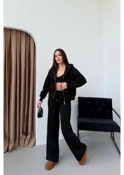 Kadın Çift Fermuar Detaylı Kapüşonlu Kışlık Şardonlu Oversize Eşofman Takımı fiyatları