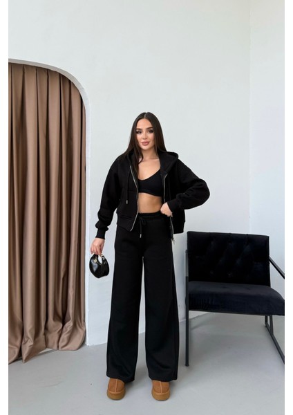 Kadın Çift Fermuar Detaylı Kapüşonlu Kışlık Şardonlu Oversize Eşofman Takımı modelleri