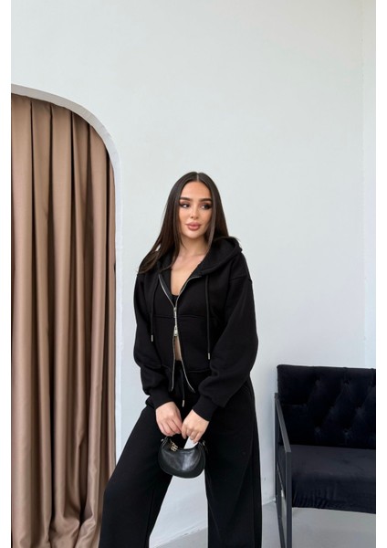 Kadın Çift Fermuar Detaylı Kapüşonlu Kışlık Şardonlu Oversize Eşofman Takımı fırsatları