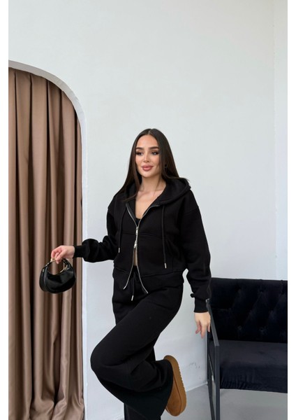 Kadın Çift Fermuar Detaylı Kapüşonlu Kışlık Şardonlu Oversize Eşofman Takımı indirimleri