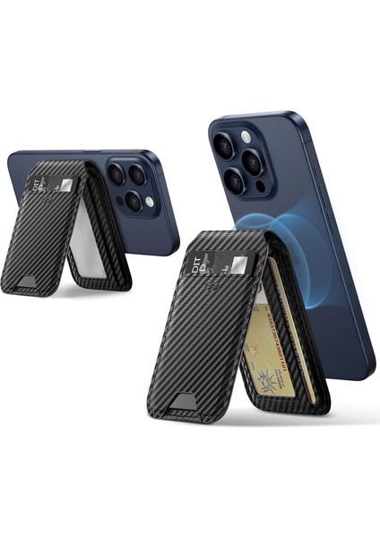 Halolock Vegan Deri Magsafe Stant Özellikli Kartlık - Siyah Karbon