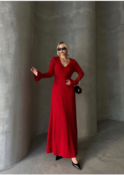 Ince Bel V Yaka Maxi Triko Elbise fiyatları