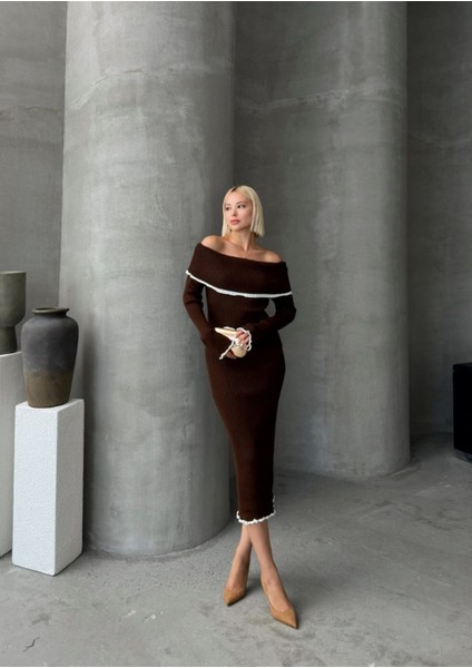 Kayık Yaka Triko Şeritli Elbise modelleri