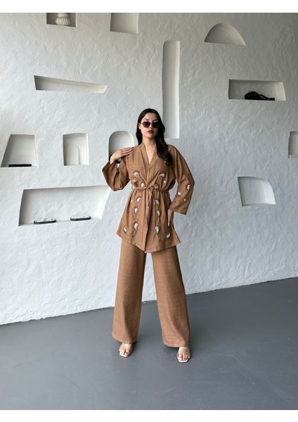 Nakış Işlemeli Kimono & Pantolon Ikili Takım