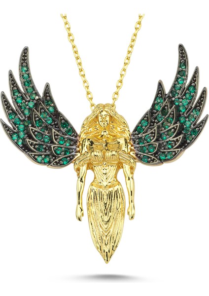 Yeşil Taşlı Melek Altın Kaplama Kolye
