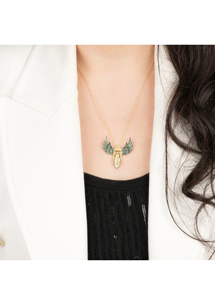 Yeşil Taşlı Melek Altın Kaplama Kolye