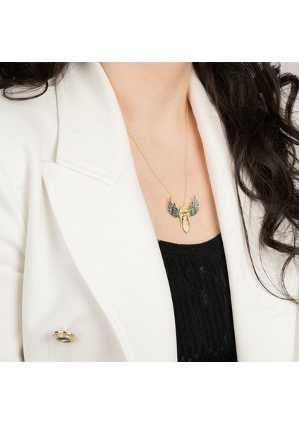 Yeşil Taşlı Melek Altın Kaplama Kolye