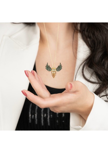 Yeşil Taşlı Melek Altın Kaplama Kolye