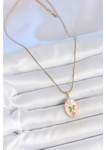 316L Çelik Gold Renk Zincir Pembe Mineli Oval Incili Çiçek Işlemeli Portre Model Kadın Kolye