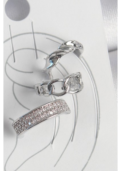 Pirinç Gümüş Renk Zirkon Taşlı 3 Lü Zincir Sarmal Model Kadın Kıkırdak Küpe