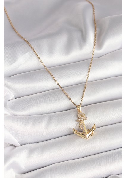 316L Çelik Gold Renk Zincir Zirkon Taş Detaylı Çapa Model Kadın Kolye