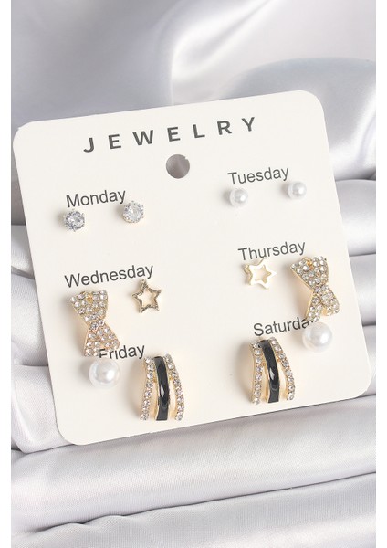 Pirinç Gold Renk Zirkon Taş Yıldız Detaylı Incili 7'li Set Kadın Küpe Seti