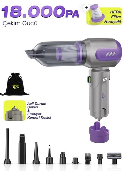 AHV-14 2'si 1 Arada Kablosuz Araç İçi Süpürge Mor | 18000PA Güçlü Vakum + Üfleme | Cam Kırıcı & Kemer Kesici Acil Durum Özellikli