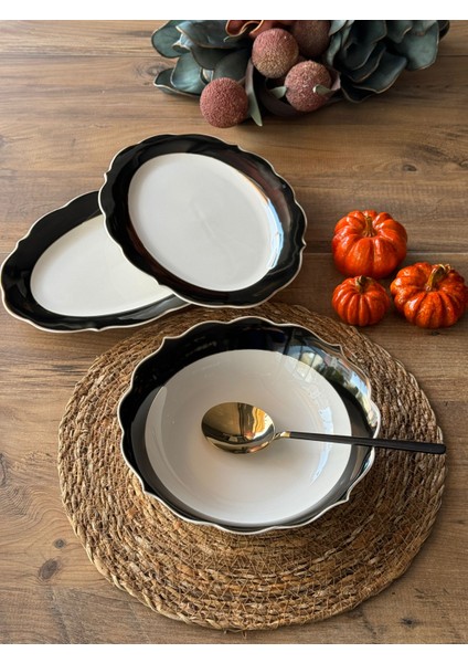 Siyah Şeritli Servis Sunum Seti 3 Parça