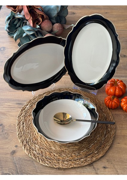 Siyah Şeritli Servis Sunum Seti 3 Parça fiyatları