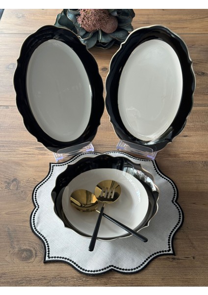 Siyah Şeritli Servis Sunum Seti 3 Parça modelleri