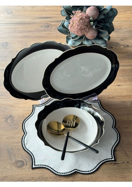 Siyah Şeritli Servis Sunum Seti 3 Parça fırsatları