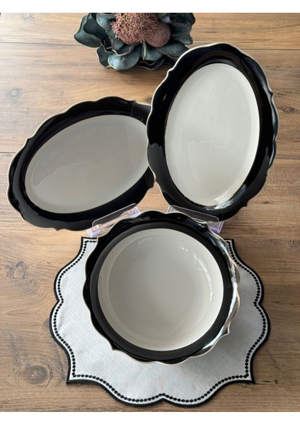 Siyah Şeritli Servis Sunum Seti 3 Parça indirimleri