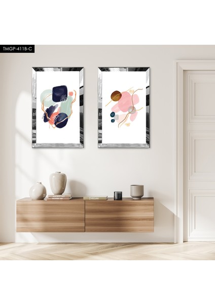 Gümüş Aynalı Pleksi Çerçeveli Beyaz Arka Planlı Modern Renkli Soyut Şekiller Ikili Mdf Tablo Seti