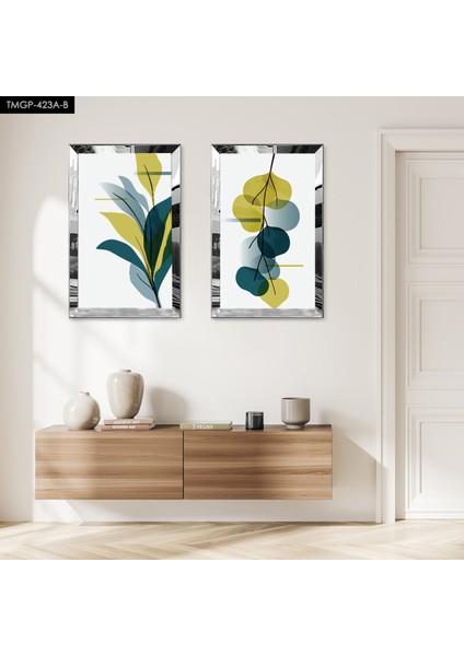 Gümüş Aynalı Pleksi Çerçeveli Modern Renkli Dekoratif Bitkiler Ikili Mdf Tablo Seti